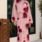 Floral Print High Neck Long Sleeve Maxi Dress with Back Tie