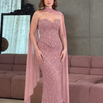 Strapless Sweetheart Sequin Mermaid Evening Gown with Chiffon Cape Scarf