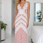 Polka Dot Lace Trim V-Neck Backless Maxi Dress