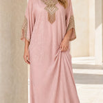 Embellished Kaftan Maxi Dress with Beaded V-Neck and Batwing Sleeves