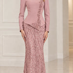 Sequined Peplum Long Sleeve Formal Evening Gown