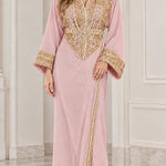 Women's Elegant Gold Embroidered V-Neck Kaftan Maxi Dress