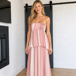 Women's Strapless Striped Tiered Maxi Dress with Smocked Back