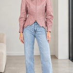 Women's High Neck Buckle Faux Leather Jacket with Pointed Hem