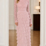 Elegant Lace Mock Neck Tiered Ruffle Maxi Dress