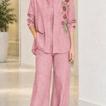 Women's Floral Embroidered Denim Shirt and Wide-Leg Pants Set