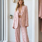 Women's 3-Piece Rhinestone Embellished Blazer Crop Top & Wide Leg Pants Set