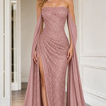 Strapless Sequin Floor-Length Evening Gown with Draped Cape Sleeves and Slit