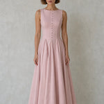 Elegance Sleeveless Pleated Midi Dress with Button Details