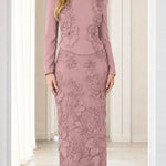 Elegant Beaded Floral Lace Long Sleeve Column Evening Maxi Dress