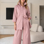 Women's Relaxed Button-Down Shirt and Wide-Leg Trousers Two-Piece Set