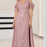 Sequin V-Neck Cold-Shoulder Evening Gown with Draped Satin Train