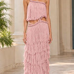 One-Shoulder Cutout Tiered Ruffle Maxi Dress with Braided Rope Trim