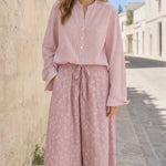 Women's Casual Two-Piece Long Sleeve Blouse and Printed Wide-Leg Pants Set