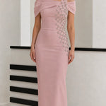 Asymmetrical Off-Shoulder Rhinestone Embellished Column Maxi Gown