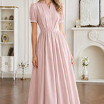 Short Sleeve Pleated V-Neck Midi Dress with Belt