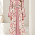 Floral Embroidered Moroccan Kaftan Maxi Dress with Belt