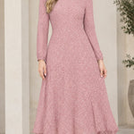 Women's Micro Dot Print Long Sleeve Midi Dress Elegant A-Line Pleated Hem Dress