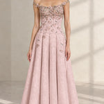 Off-The-Shoulder 3D Floral Applique A-Line Evening Gown