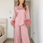 Satin Feather Cuff Two-Piece Top and Wide-Leg Pants Set