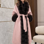 Women's Elegant Faux Fur Trim Belted Long Wool-Blend Overcoat