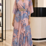 Floral Chiffon V-Neck Maxi Dress with Embellished Waist and Flutter Sleeves