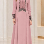 Velvet Trim Beaded Bodice Long Sleeve Maxi Dress