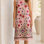 Women's Sleeveless Floral Embroidered Shift Midi Dress