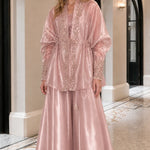 Embroidered Metallic Sheer Overcoat and Wide-Leg Pants Set