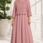 Crochet Lace Layered Maxi Dress with 3/4 Sleeves