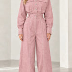 Women's Contrast Stitch Wide-Leg Denim Jumpsuit with Belt