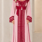 Embroidered Moroccan Caftan Maxi Dress with Fringe & Embellished Belt