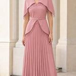 Elegant Beaded Capelet Pleated Maxi Evening Dress