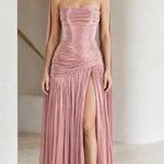 Strapless Ruched Metallic Pleated Maxi Dress with Scarf Cape Detail