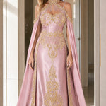 Halter Neck Embroidered Cape Evening Gown with Beaded Fringe