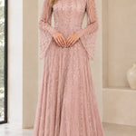Sequined High-Neck Long Sleeve Evening Gown with Bell Sleeves