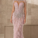 Exquisite Beaded Illusion Feather Evening Gown