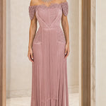 Off-The-Shoulder Beaded Lace Fringe Evening Maxi Dress