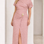 Women's Asymmetrical Neckline Polka Dot Midi Dress with Ruched Buckle Detail