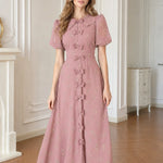 Vintage Floral Bow-Front A-Line Midi Dress with Puff Sleeves
