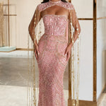 Sequined Beaded Mermaid Evening Gown with Beaded Fringe Capelet
