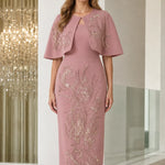 Sequined Floral Capelet Sheath Midi Dress