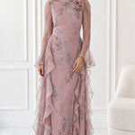 Floral Print Long Sleeve Chiffon Maxi Dress with Cascading Side Ruffles