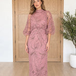High Neck Embellished Mesh Maxi Dress with Sheer Balloon Sleeves