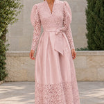 Floral Lace Puff Sleeve Belted Satin Maxi Dress
