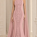 High Neck Embroidered Mermaid Evening Gown with Attached Cape