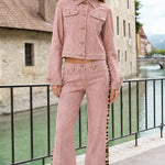 Women's Cropped Denim Jacket and Animal Print Stripe Flare Pants Two-Piece Set