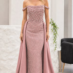 Off-Shoulder Beaded Evening Gown with Overskirt