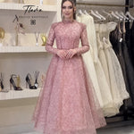 Long Sleeve Beaded Mock Neck Lace A-Line Tea-Length Evening Dress