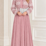 Sequined Jacket Overlay Pleated Maxi Evening Dress with Embellished Waist Detail